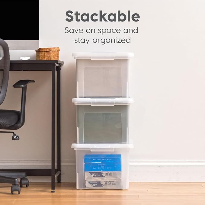 IRIS USA File Box, Plastic File Organizer with Lids for Letter/Legal File, Portable Document Box For Moving, Storage Bin with Durable and Secure Lid, Stackable Nestable BPA-Free, Clear 35 Qt. 4 Pack