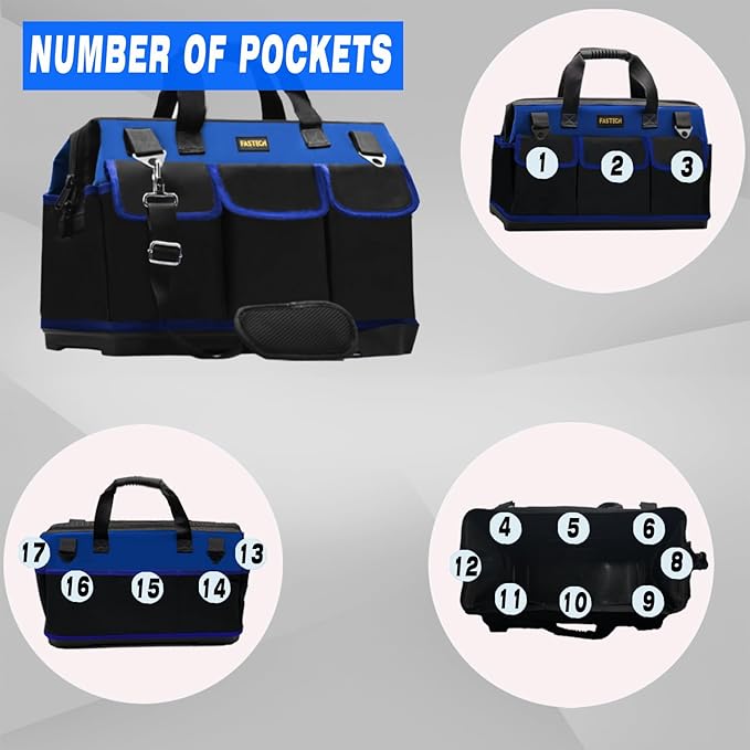 FASTECH 20 Inch Bottom Tools Bag With Wide Mouth For Tool Storage, Carrier and Organizer, Heavy Duty Tool Tote Bag for Men/Women, Wide Mouth Tool Bag With Inside Pockets (20 Inch)