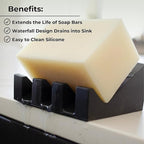 Silicone Soap Dish – 2 Pack, Waterfall Drainer Soap Holder for Bathroom, Suction Cups for Non-Slip Saver for Bar Soap, Sponge Holder & Sink Organizer, Extend Life, Durable & Easy to Clean (Black)