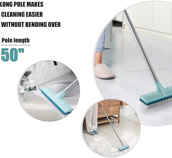 BOOMJOY Floor Scrub Brush with Long Handle, 2 in 1 Scrape and Brush, Stiff Bristles for Cleaning Bathroom, Patio, Garage, Kitchen, Deck, Tile, Blue