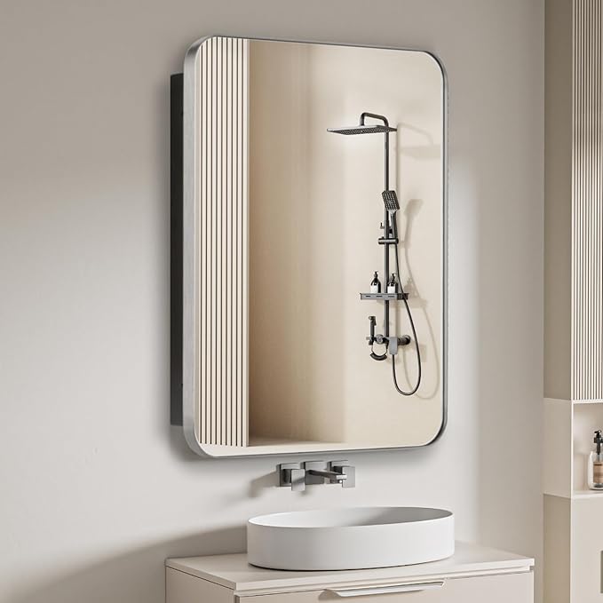 Bathroom Medicine Cabinet,20"x26" Mirror Door with Stainless Steel Brush Nickel Frame,Recessed & Surface Wall Cabinet with Glass Shelves, Rust-Resistant Bathroom Storage Cabinet
