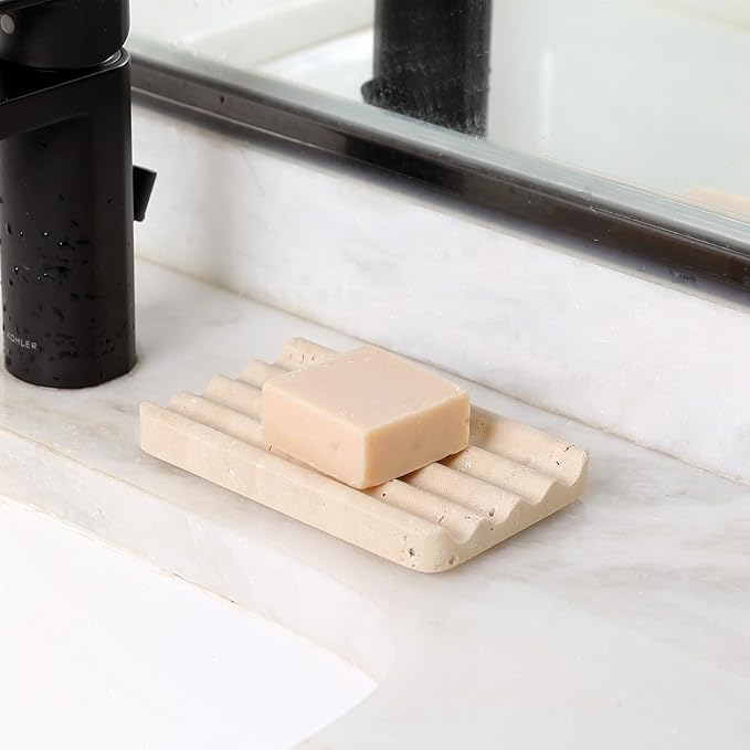 Marble Soap Dish, Beige Travertine Bar Soap Holder Shower, Brown Large Bathroom Soaps Saver, Easy Cleaning Natural Stone Sponge Holder for Kitchen Sink, Executive Jewelry Ring Tray