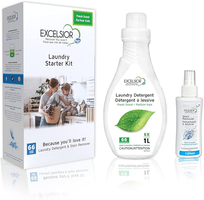 Excelsior - HE Liquid Laundry Detergent with Natural Stain Remover for 66 Loads - Fresh Scent - 1 Liter Eco-friendly Laundry Detergent Starter Pack (1 Pack)