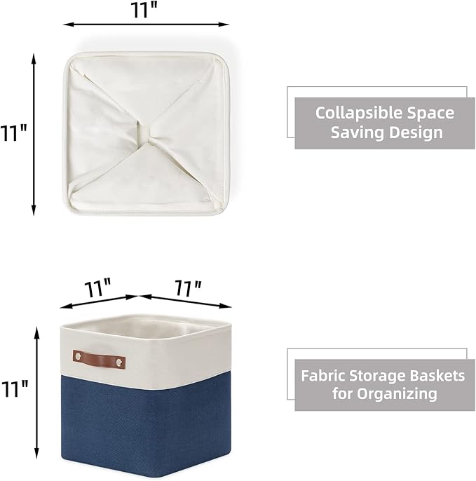 HNZIGE Fabric Cube Storage Bins Basket Set of 4, Closet Storage Cubes with Handles, Organizing Home Office (White Blue)