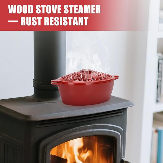 G GOOD GAIN Wood Stove Steamer - Cast Iron Stove Humidifier with Large Opening Top | Oval Bowl Fire Place Pot for Home Heating Decorative | Matte Finish & 2.7 Quart, Red