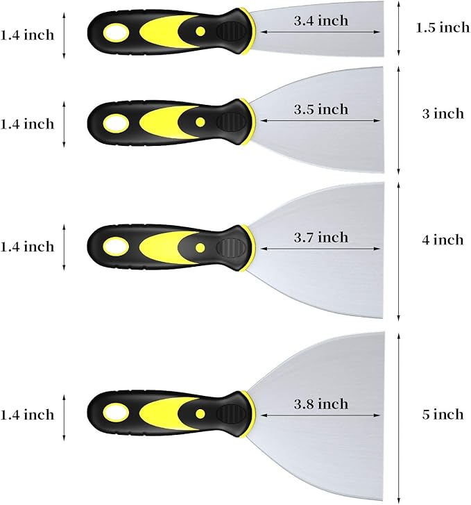 DEKEones Putty Knife Scrapers, Spackle Knife, Metal Scraper Tool for Drywall Finishing, Plaster Scraping, Decals, and Wallpaper (4 Pack, 5”, 4”, 3”, 1.5” Wide)