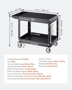 VEVOR Utility Cart, 550 lbs Load Capacity, 37 x 25.4-inch Service Cart, Two-Shelf Heavy Duty Plastic Utility Cart with 360° Swivel Wheels (2 with Brakes), Suitable for Warehouse, Garage, Cleaning