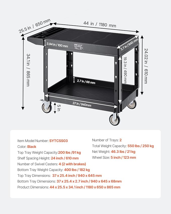 VEVOR Utility Cart, 550 lbs Load Capacity, 37 x 25.4-inch Service Cart, Two-Shelf Heavy Duty Plastic Utility Cart with 360° Swivel Wheels (2 with Brakes), Suitable for Warehouse, Garage, Cleaning