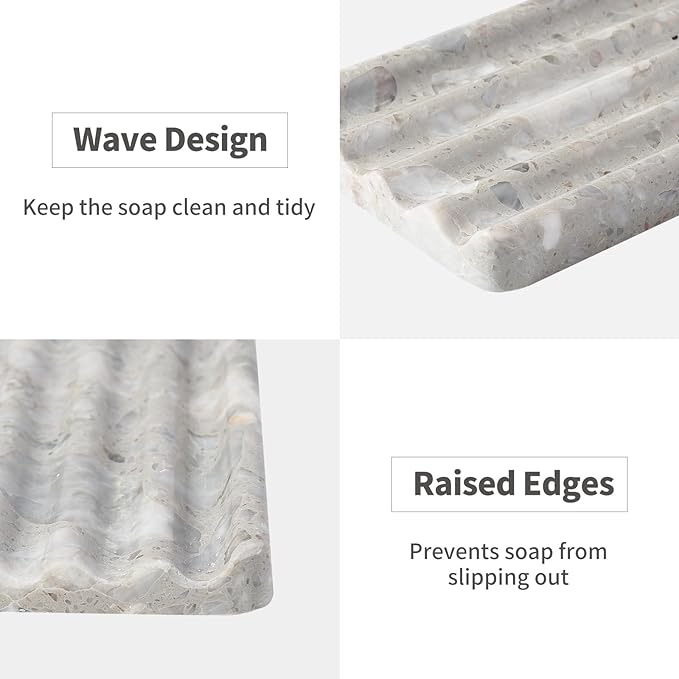 Soap Holder for Bathroom, Grey Marble Soap Dish for Kitchen Countertop, Soap Tray with Creative Wavy Design, Soap Saver for Bath Tub, Sponges, Italian Natural Stone