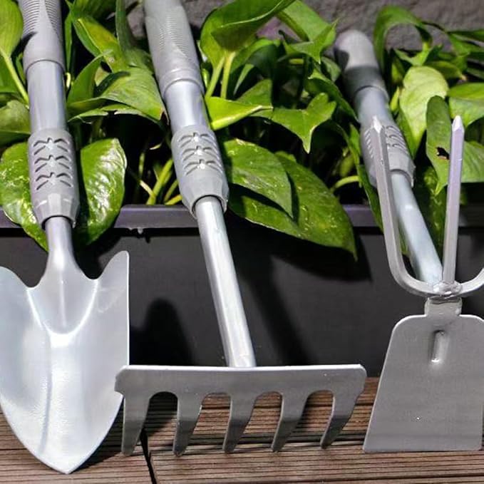 3-Piece Garden Hand Tool Set, Ergonomic Handles, Includes Trowel, Rake and Cultivator, Gray