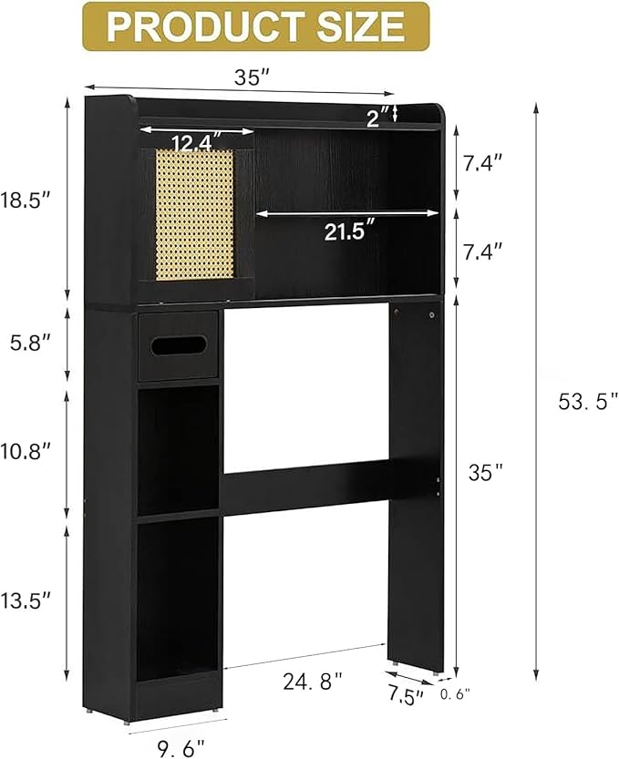 6Tier Over The Toilet Storage Cabinet, Freestanding Above Toilet Space Saver Rack w/Adjustable Shelves, Sliding Door, Multifunctional Over Toilet Organizer for Bathroom (Black)