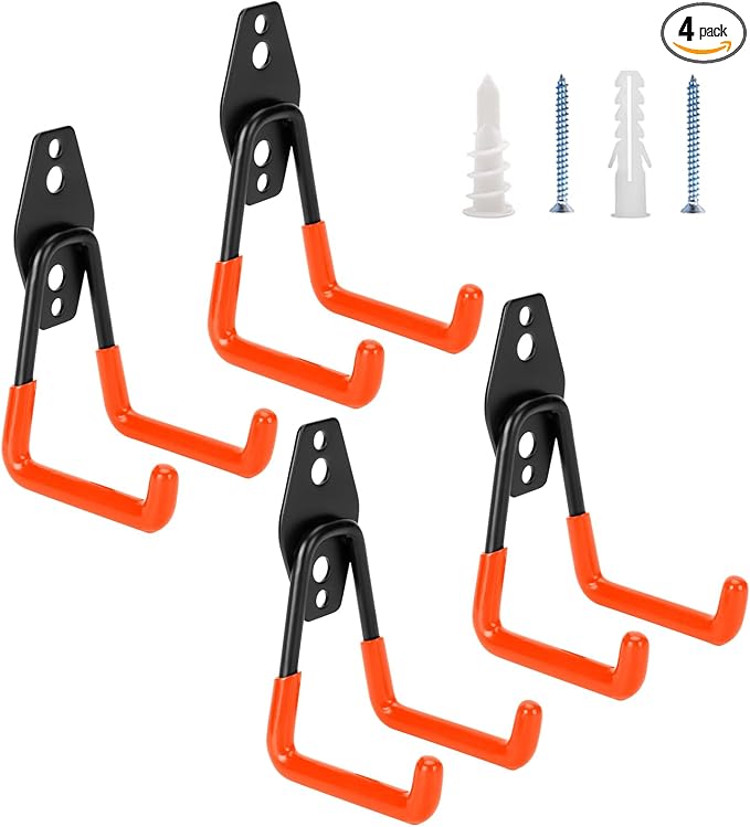 4 Pack Garage Hooks Heavy Duty - Supports 100 lbs, Utility Steel Garage Hanger & Organizer for Organizing Garden Lawn Tools, Ladders, Garden Hose, Digging Shovel, Bikes, Ropes (Orange)
