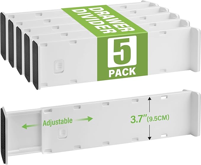 5 Pack Drawer Dividers 3.7" High Slim Organizers Expandable 14.8-25.6" Adjustable Separators for Shallow Drawers Kitchen Utensils Baby Clothes Underwear Storage-White