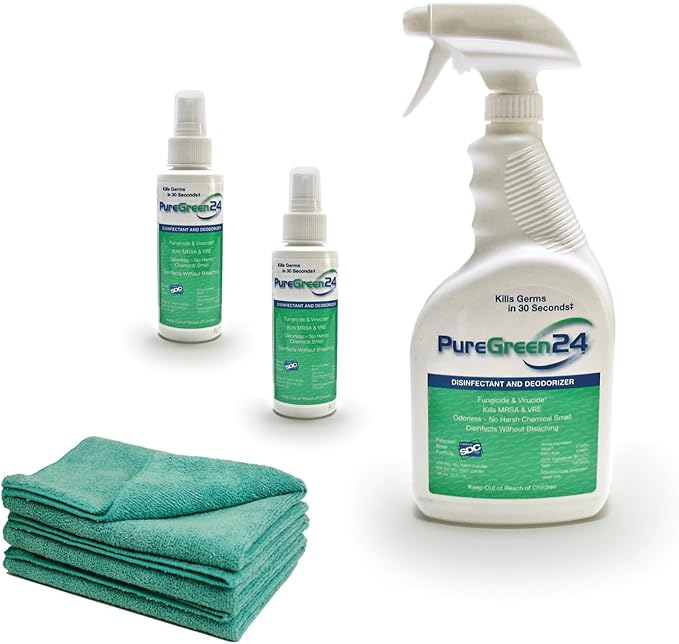 PureGreen24 Starter pack Safe & Effective Disinfectant Kills Deadly Germs including RSV COVID-19 Norovirus MRSA Staph flu Contains no toxic chemicals odorless (1 32 & 2 4oz sprays 3 XL MFC’s)