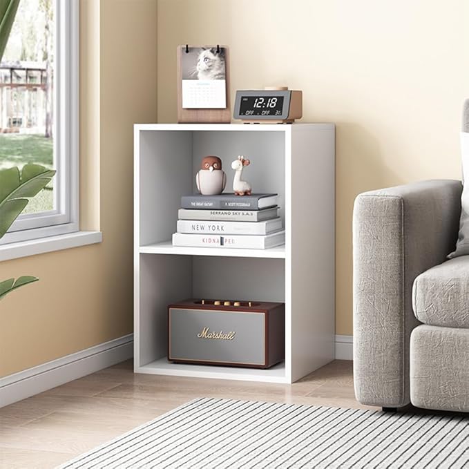 Basic Open Shelf Bookcase - 2-Tier Small Tiny Wooden Cube Storage Shelves Split Bookshelf, White