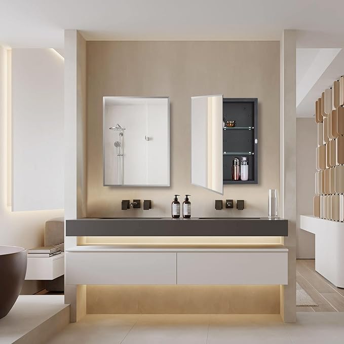 Black Bathroom Medicine Cabinet with Beveled Edge Mirrored Door 14 x 18 inch, Recessed or Surface Mount, with Adjustable Glass Shelves