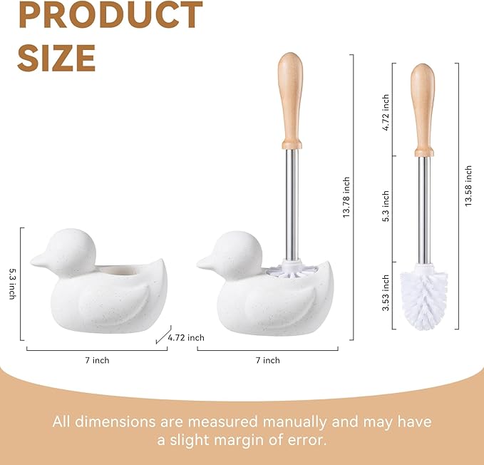 White Toilet Brush and Holder Set - Ceramic Bathroom Toilet Scrubber Brush Organizer with Cleaner Brush Kit with Detachable Brush Head & Natural Wood Handle, Toilet Brush & Cute Duck Design