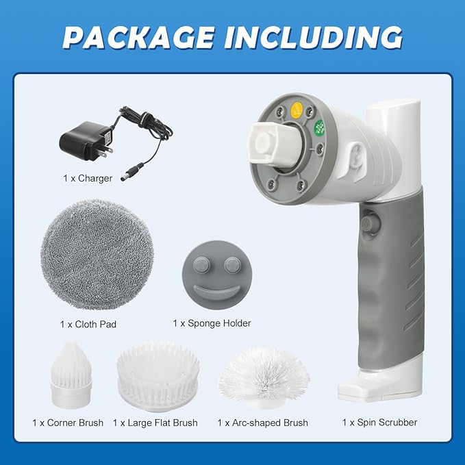 LANMU Electric Spin Scrubber Wand Compatible with Scrub Daddy/Mommy with Soft Silicone Sponge Hub, Power Cleaning Brush,5 Replaceable Heads, Ergonomic Handle for Oven, Stove, Sink, Shower, Tub, Tile