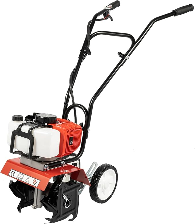 Tiller Cultivator Gas Powered, 52Cc 2 Stroke Garden Cultivator Commercial Tiller Gas Powered Tiller Soil Cultivator with Adjustable Wheels for Plowing Turning Soil Ditching 1700W 6500Rpm