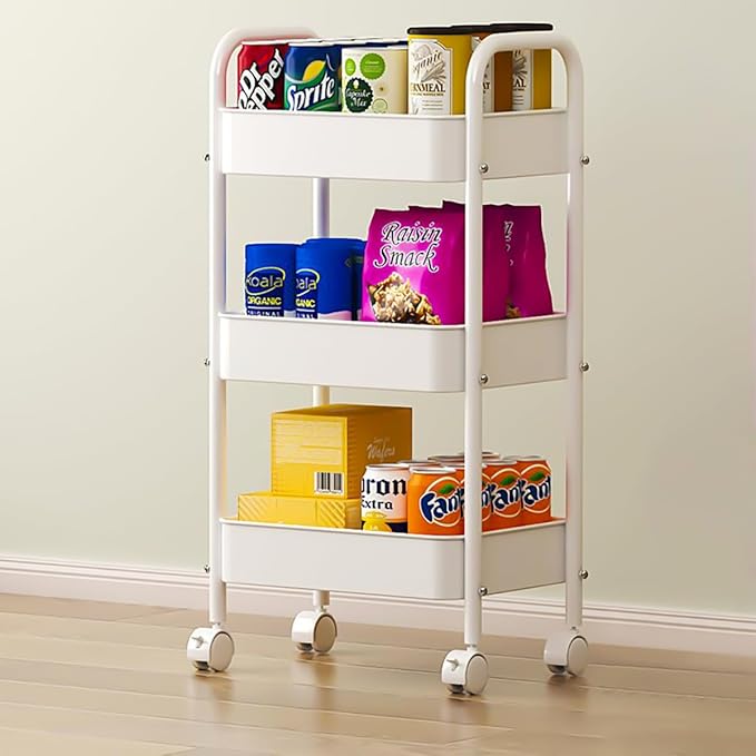 XIUSHE 3-Tier Metal Utility Cart Rolling Storage Organizer, Portable and Sturdy, Ideal for Office, Kitchen, Bathroom, Kids' Room, Classroom, White