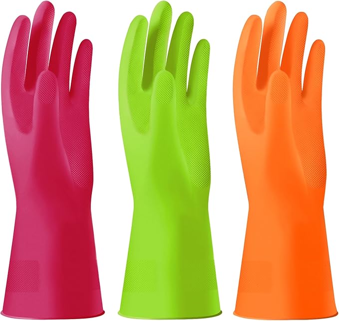 Alimat PluS 3 Pack Reusable Cleaning Gloves Latex Free, Dishwashing Rubber Gloves for Cleaning, Waterproof Household Gloves for Laundry, Gardening (Medium, Without Liner)