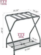 Set of 2 Foldable Gray Luggage Rack Stands with Storage Shelves – Heavy Duty Metal Suitcase Holders, 150 lbs Top, 50 lbs Bottom Each, Fits 20”-28” Luggage – Guest Room, Bedroom, Hotel LR-GY-2