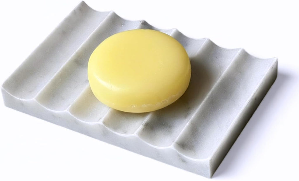Marble Soap Dish - Soap Dish for Shower, Shower Bar Soap Holder, Real Marble Bathroom Tray, Decorative Stone Soap Dish with Drainage (Calacatta White, Sharp Wave)