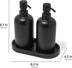 Matte Black Soap Dispenser Set with Tray, 2 Pack 15oz Round Rustproof Liquid Hand Dish Soap Dispensers with Tray for Kitchen Sink, Countertop, and Bathroom