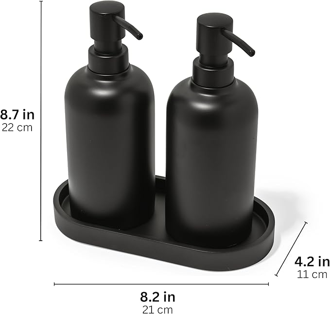 Matte Black Soap Dispenser Set with Tray, 2 Pack 15oz Round Rustproof Liquid Hand Dish Soap Dispensers with Tray for Kitchen Sink, Countertop, and Bathroom