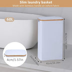 iEGrow 60L Slim Laundry Hamper, Narrow Laundry Basket with Lid,Foldable Clothes Hamper with Bamboo Handles,Hamper Basket with Removable Inner Bag for Laundry Room Bedroom College Dorm,15.85 Gals White