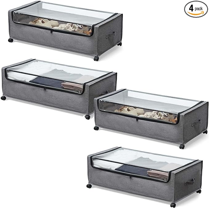 FOUCSSOMEI 4-Packs Under Bed Storage with Wheels, Under The Bed Storage Drawers On Wheels, Rolling Underbed Drawers, Lockable, Heavy Duty, XXXXL Size 90L