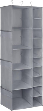 Libeder Shoe Organizer for Closet, 15 Shelf Hanging Closet Storage Shelves - 10 Shoe Rack Organizer and 5 Compartment for Clothes with 6 Side Mesh Pockets for Scarves Socks,Gloves Grey