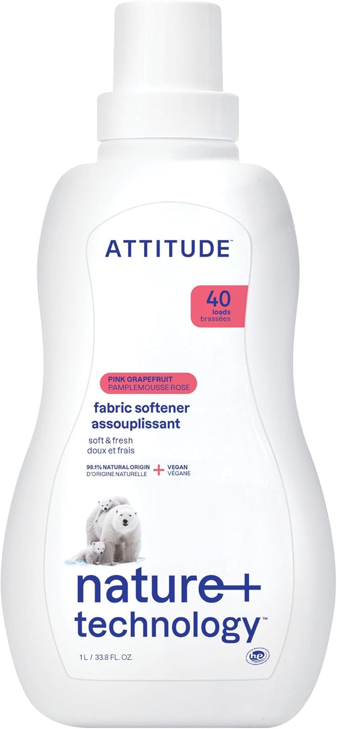 ATTITUDE Liquid Fabric Softener, Plant-Based & Vegan, HE Compatible, Naturally Derived, Pink Grapefruit Scent, 40 Loads, 33.8 Fl Oz