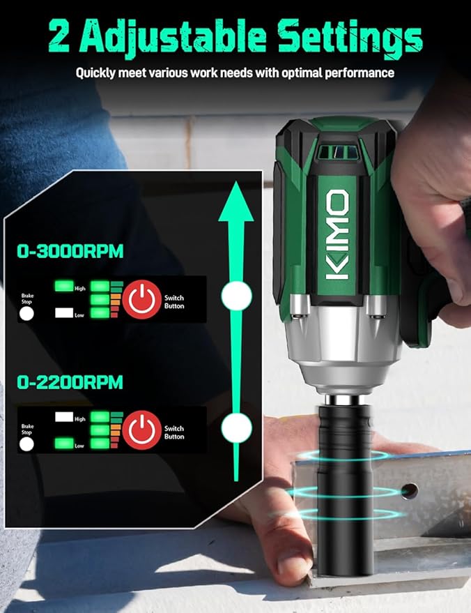 KIMO Impact Wrench 1/2, Max Torque 406ft-lbs (550N.m) & 3000RPM /Premium Brake Stop, 9-Piece Drill & Serewdriver Set, 4 Sockets, Cordless Impact Wrench with 2x4.0Ah Battery, Impact Driver for CarTires