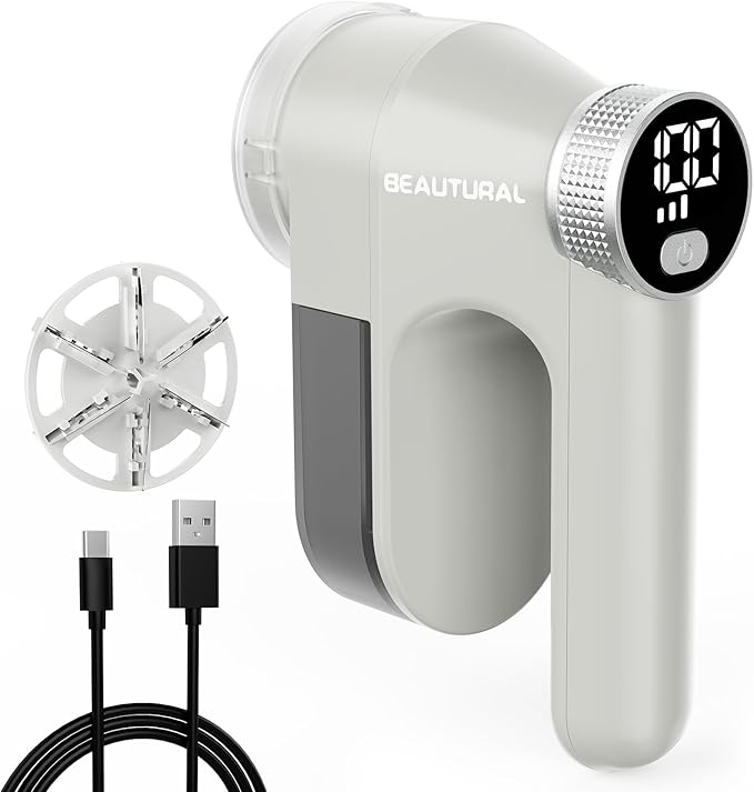 BEAUTURAL Fabric Shaver, Rechargeable Lint Remover, Electric Portable Sweater Defuzzer with 3 Speeds, 6 Leaf Blades, Digital LED Display, Remove Pilling for Clothes, Furniture, Sweater, Couch, Blanket