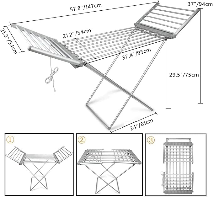 tonchean Heated Clothes Drying Rack, Folding Electric Clothes Drying Rack, Collapsible Laundry Drying Rack, Free-Standing Heating Garment Dryer Towel Rail Space Saving for Home Indoor/Outdoor