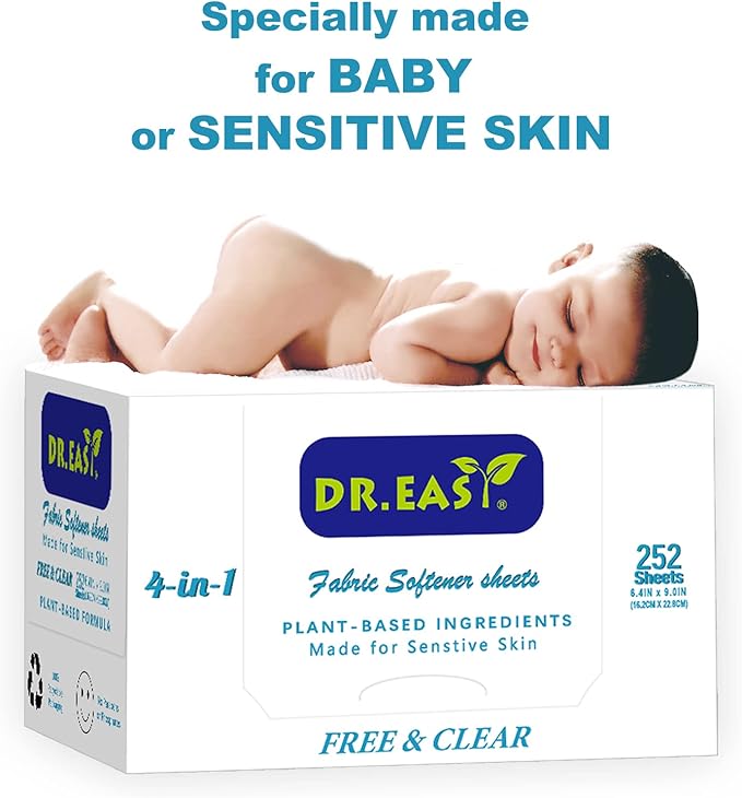 DR.EASY Dryer Sheets Plant Based Formula 504 Ct Fabric Softener sheets for Laundry Free & Clear Essential Oil Scented No Artificial Fragrances No Dyes Reduce Static & Wrinkles Help Repel Pet Hair