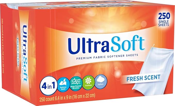 250 Loads 4 in 1 Laundry Dryer Sheets 6.4"x9",Household Premium Fabric Softener Fresh Scent,Made in USA,Drive Clothes Ultra Soft,Reduce Static Cling,Help Repel Pet Hair,Easy Dispenser Box Packaging