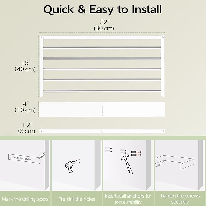 Wall Mounted Clothes Drying Rack 32", Foldable Wall Mount Laundry Rack Folding Indoor, Drying Rack Clothing Collapsible, Hidden Space Saver with Wall Template, 5 Rods, White