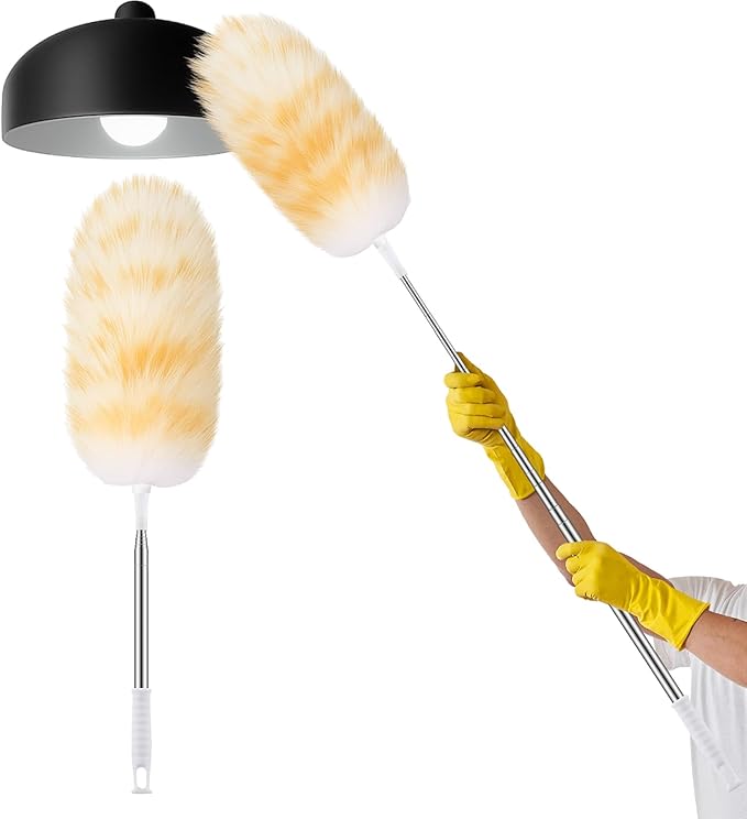 Remerry Extendable Lambswool Duster 30-96 Inch with Stainless Steel Handle Removable Head Multi-Surface Cleaning Tool for Ceiling Fan, Window, Roof, Wall, Furniture, Bookshelf, Home, Office
