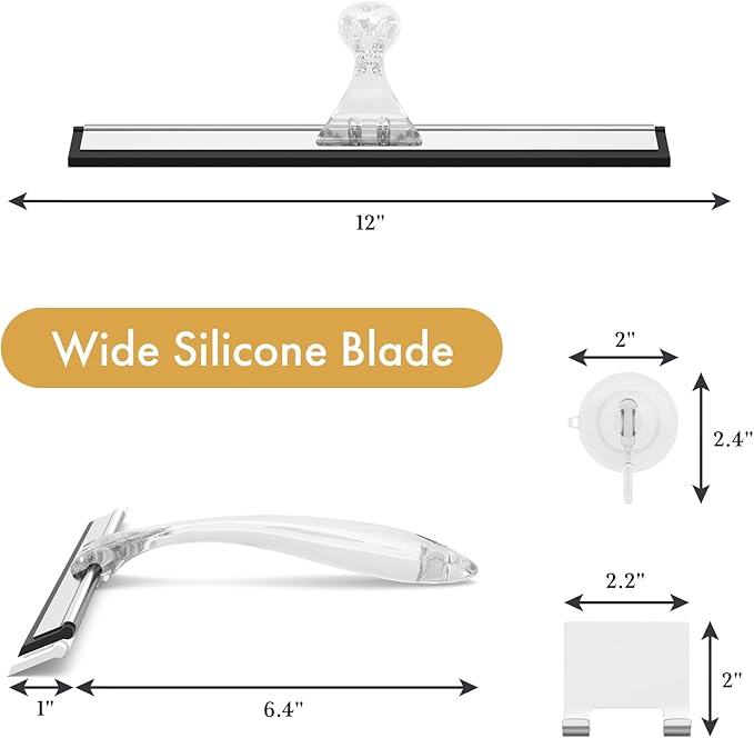 AmazerBath Shower Squeegee for Glass Doors, All-Purpose Squeegee with Suction Hook & Adhesive Hook, Clear Squeegee for Shower Glass, Windows, Mirrors, Tiles and Car Windows - 12 Inches, Clear