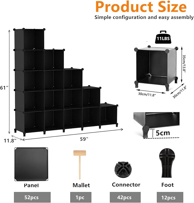 AWTATOS Cube Storage Organizer, 16 Cube Closet Organizer, Stackable Storage Cube Shelves, DIY Portable Closet Clothes Organizer Shelving for Bedroom, Closet, Wardrobe, Bathroom, Black