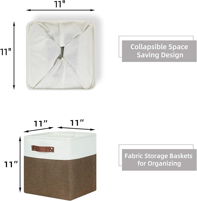 HNZIGE Fabric Storage Baskets 4 Pack,Storage Cube Baskets 11x11, Foldable Cube Storage Bin Baskets for Shelves with Handles, Decorative Storage Bins for Organizer Home Toy Nursery Closet(Brown Gray)