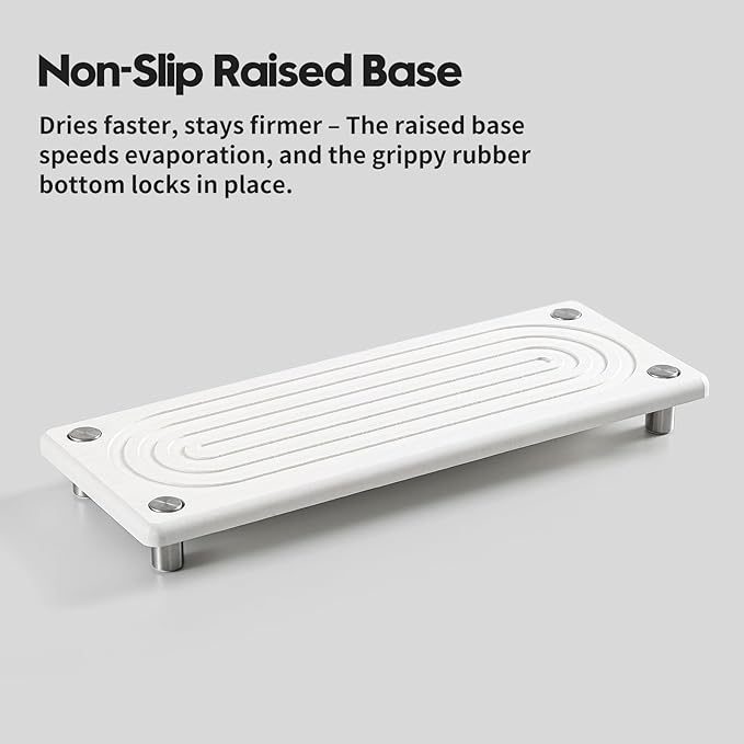 Water Absorbing Stone Sink Caddy, Diatomite Kitchen Sink Organizer, Bathroom Counter Tray, Faucet Drying Mat Coaster Soap Dish Rack Riser Dispenser Sponge Holder, Silver, White 10" x 4"