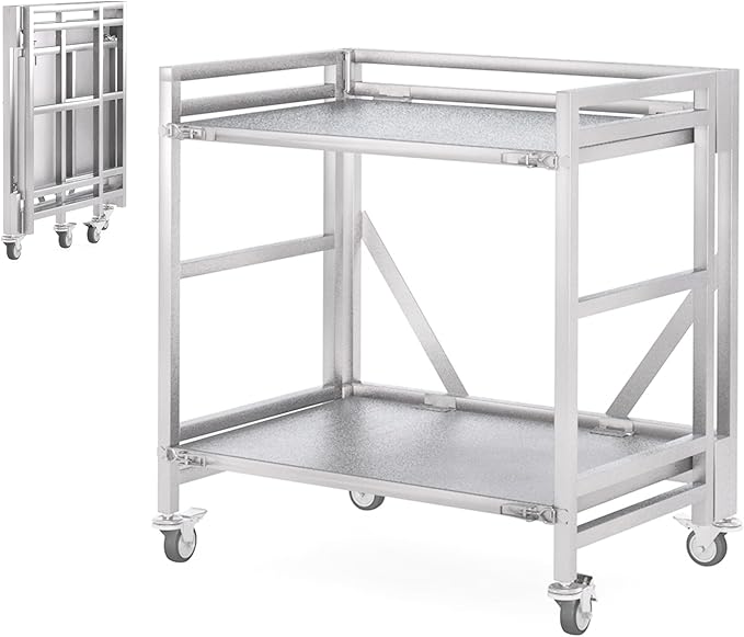 2 Shelf Rolling Cart with Wheels, 660lbs Capacity Collapsible Steel Rolling Utility Cart, Heavy-Duty Foldable Workbench, Metal Rolling Storage Cart with Handle for Groceries, Warehouse (36" Lx26 W)