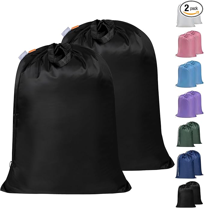 Polecasa Heavy Duty Large Laundry Bag with 130gsm Tear Resistant Fabric and Handles, Easy to Carry Durable Dirty Clothes Drawstring Bag, Perfect for College Dorm, Travel, 2 Pack 28”x36”, Black