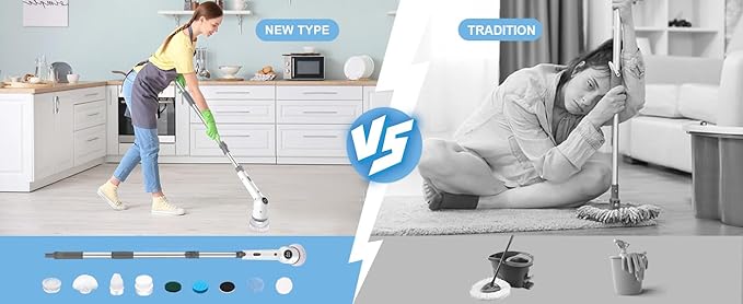 Electric Cleaning Brush, Cordless Electric Spin Scrubber with Long Handle, 3 Brushes, 5 Cleaning Pads, Portable Charging Base
