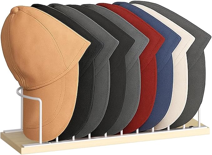 SWTYMIKI Hat Stand for Baseball Caps - Wood & Metal Tabletop Hat Organizer Storage Display Rack, Holds up to 10 Caps for Desk, Closet Shelf, Dresser (White)