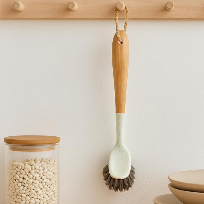 Beille 1pc Dish Brush with 9 Inch Bamboo Handle Household Essentials Cleaning Supplies
