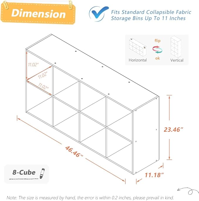 8 Cube Organizer Bookcase - Fabric Storage Bins Container, Open Shelf Simple Compartments Bookshelf, Oak